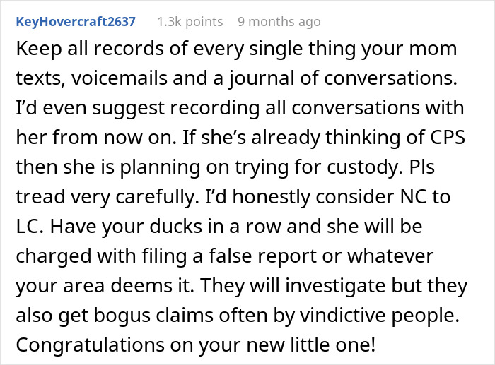Comment advising to keep detailed records of conversations and texts regarding grandma threatening CPS about unborn baby custody. Comment advising to keep detailed records of conversations and texts regarding grandma threatening CPS about unborn baby custody.