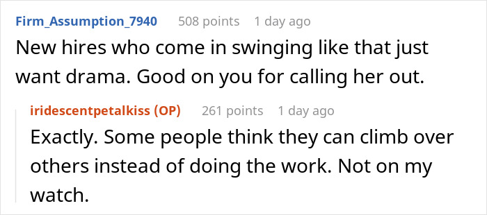 Screenshot of an online discussion about a toxic newbie spreading lies and causing workplace drama. Screenshot of an online discussion about a toxic newbie spreading lies and causing workplace drama.