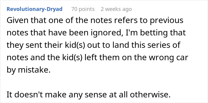 Comment discussing a series of anonymous notes aiming to trick a woman into giving up her parking spot. Comment discussing a series of anonymous notes aiming to trick a woman into giving up her parking spot.