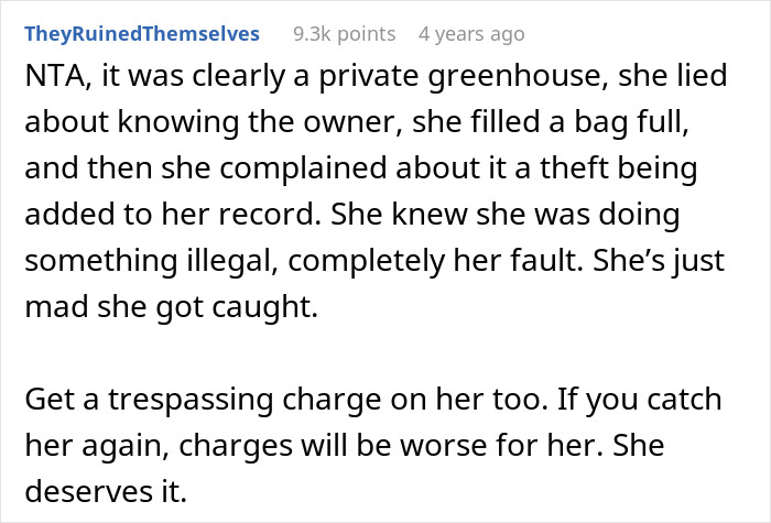 Comment describing a thief stealing vegetables and lying about knowing the owner of the private greenhouse. Comment describing a thief stealing vegetables and lying about knowing the owner of the private greenhouse.