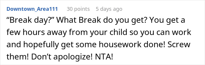 Text comment emphasizing a working mom defending herself against in-laws about having it easy with once-a-week daycare. Text comment emphasizing a working mom defending herself against in-laws about having it easy with once-a-week daycare.