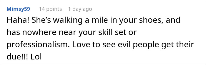 Comment praising a woman enjoying the comeuppance of a colleague who stole her job, highlighting justice and professionalism. Comment praising a woman enjoying the comeuppance of a colleague who stole her job, highlighting justice and professionalism.