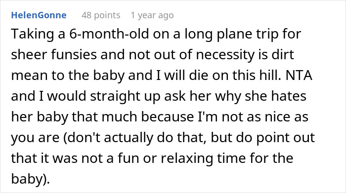 Screenshot of a Reddit comment discussing challenges of flying with a baby, related to mom and kids on a flight. Screenshot of a Reddit comment discussing challenges of flying with a baby, related to mom and kids on a flight.