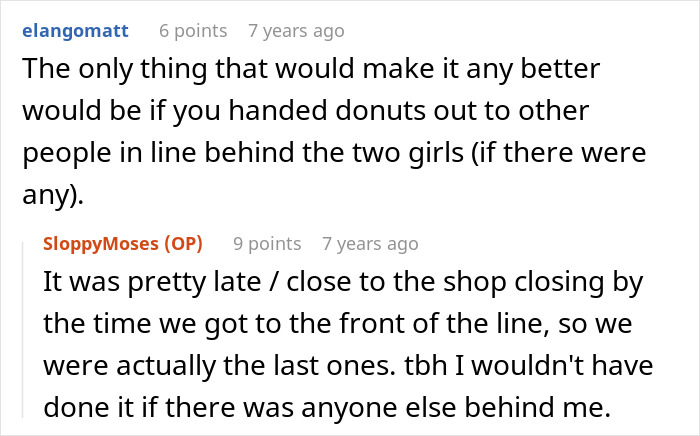 Screenshot of a Reddit comment discussion about a lady stealing a couple’s parking spot and receiving revenge instead of donuts. Screenshot of a Reddit comment discussion about a lady stealing a couple’s parking spot and receiving revenge instead of donuts.