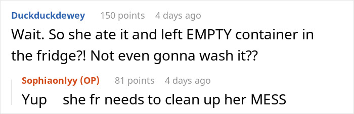 Screenshot of online comments discussing leftover pasta theft and a woman’s decision to buy a mini fridge for food security.