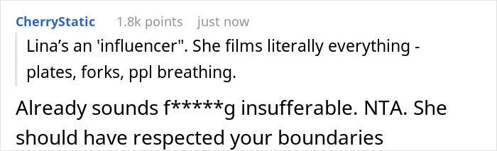 Screenshot of an online comment discussing a self-proclaimed influencer filming everything and being insufferable at a birthday dinner. Screenshot of an online comment discussing a self-proclaimed influencer filming everything and being insufferable at a birthday dinner.