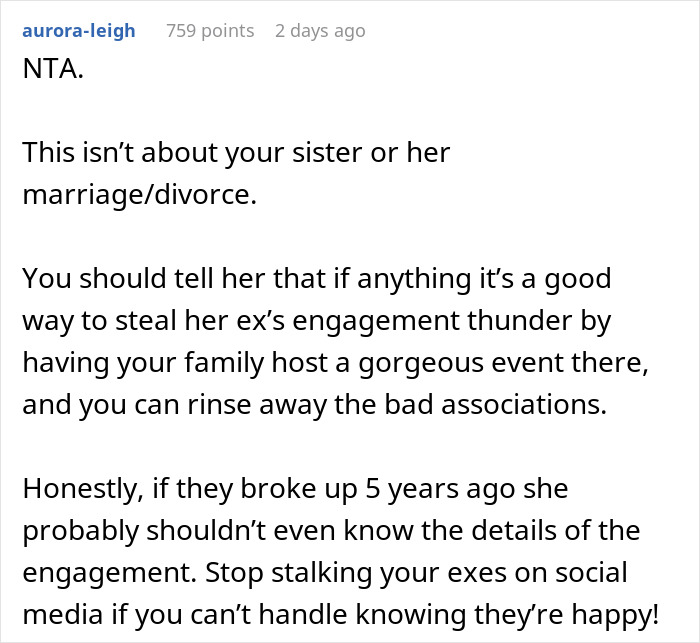 Comment from user aurora-leigh advising a woman to keep her daughter's dream wedding venue despite sister’s cheating ex and past breakup. Comment from user aurora-leigh advising a woman to keep her daughter's dream wedding venue despite sister’s cheating ex and past breakup.