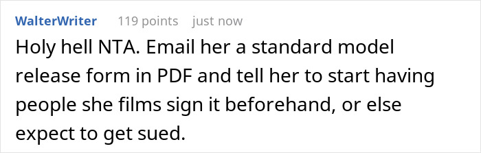 Screenshot of an online comment advising to send a model release form to a self-proclaimed influencer filming family at a birthday dinner. Screenshot of an online comment advising to send a model release form to a self-proclaimed influencer filming family at a birthday dinner.