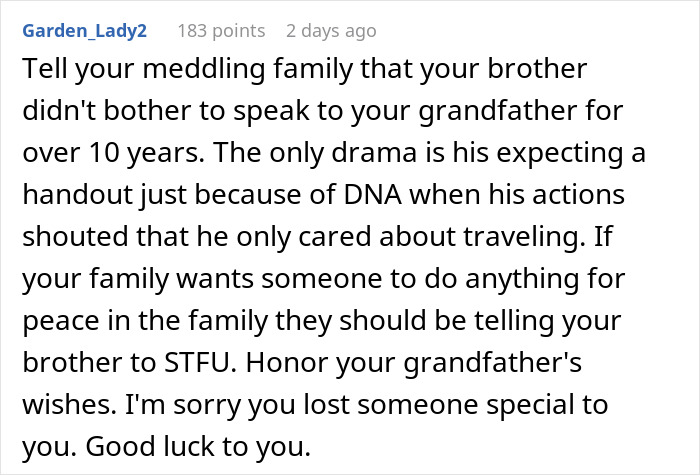 Comment about 21-year-old spending years caring for grandpa while dealing with entitled brother's demands and family drama. Comment about 21-year-old spending years caring for grandpa while dealing with entitled brother's demands and family drama.