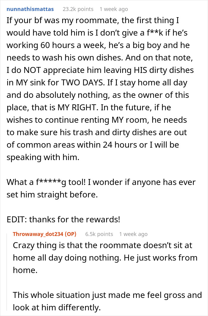 Conversation about boyfriend ordering roommate to do chores like he's the boss, causing frustration and tension.
