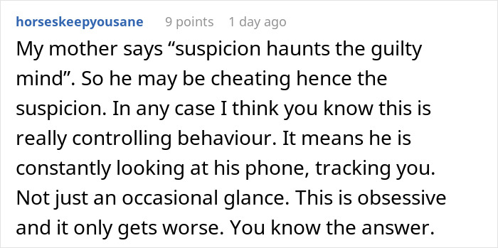 Comment about suspicion and controlling behavior with phone tracking in a discussion on a woman missing calls from fiancé. Comment about suspicion and controlling behavior with phone tracking in a discussion on a woman missing calls from fiancé.