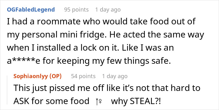Comment thread discussing leftover pasta theft and purchasing a mini fridge to prevent food stealing among roommates.
