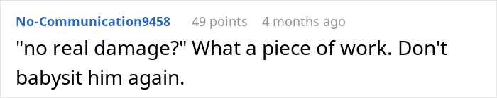 Screenshot of an online comment discussing a woman refusing to babysit her autistic nephew after he injures her daughter. Screenshot of an online comment discussing a woman refusing to babysit her autistic nephew after he injures her daughter.