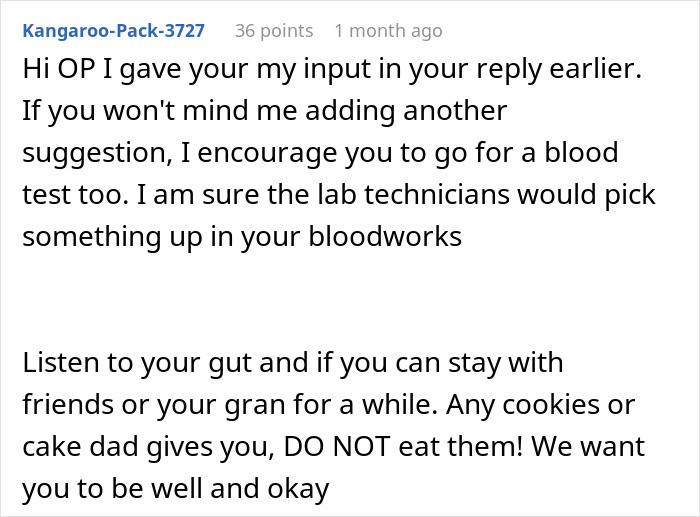 Comment advising blood tests and caution about eating food touched by dad to avoid getting sick every time.