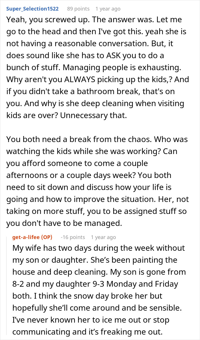 Man telling wife she couldn’t do it without him while she proves him wrong by managing tasks and cleaning.