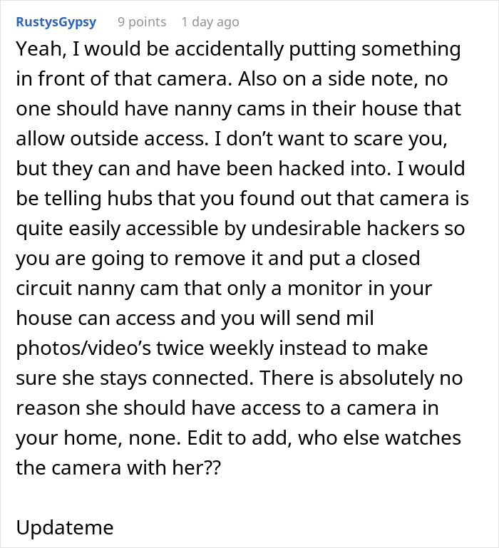 Comment about mom disabling MIL’s baby cam access due to privacy concerns and spying risks shared online discussion. Comment about mom disabling MIL’s baby cam access due to privacy concerns and spying risks shared online discussion.