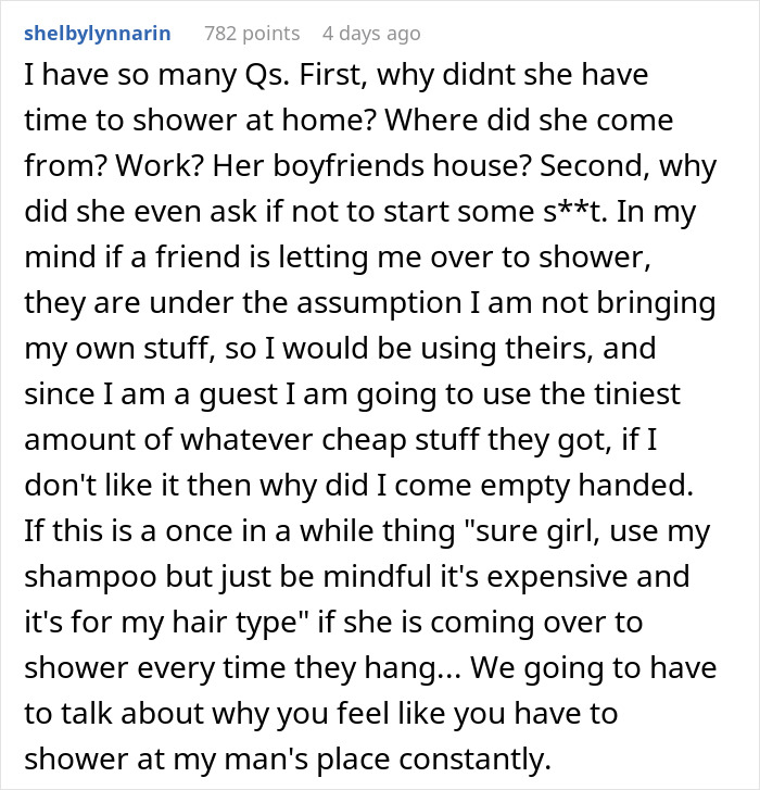 Text post discussing why it’s reasonable to refuse a female friend to use your shampoo when showering at your place.