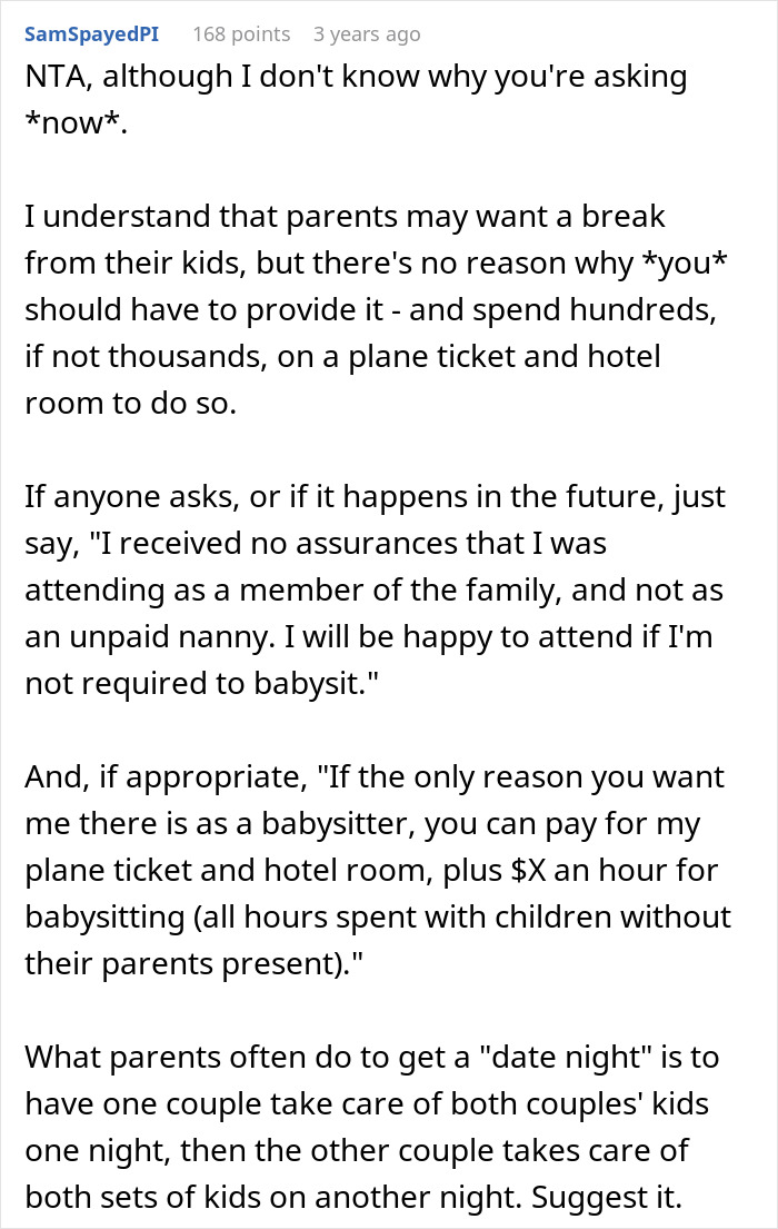 Comment text advising a childfree woman to set boundaries and avoid unpaid babysitting duties during vacation with relatives. Comment text advising a childfree woman to set boundaries and avoid unpaid babysitting duties during vacation with relatives.