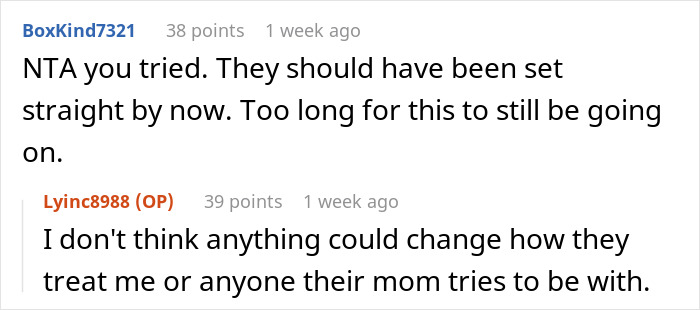 Screenshot of online comments discussing a man’s long struggle to win over fiancee’s kids before giving up. Screenshot of online comments discussing a man’s long struggle to win over fiancee’s kids before giving up.