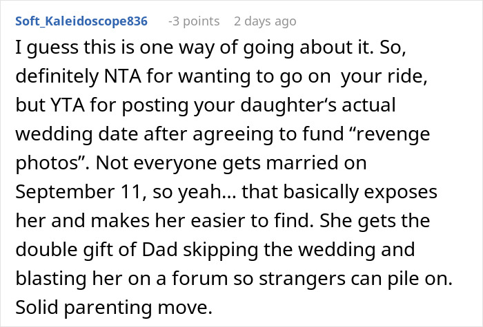 Comment discussing a man spending $22,500 on daughter’s failed wedding and skipping her real one to hang out with friends. Comment discussing a man spending $22,500 on daughter’s failed wedding and skipping her real one to hang out with friends.