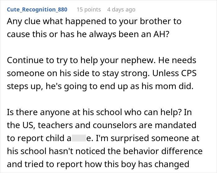 Reddit comment discussing concerns about nephew’s safety, controlling brother, and the role of CPS intervention. Reddit comment discussing concerns about nephew’s safety, controlling brother, and the role of CPS intervention.