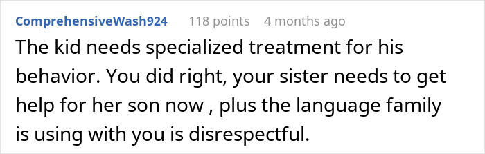 Comment discussing the need for specialized treatment for an autistic nephew’s behavior and family communication issues. Comment discussing the need for specialized treatment for an autistic nephew’s behavior and family communication issues.