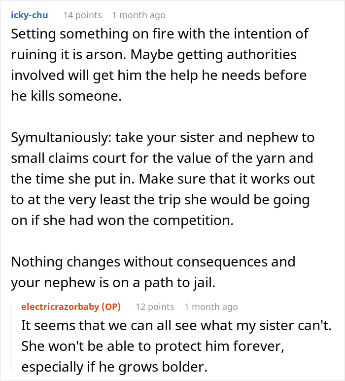 Text conversation discussing consequences of arson and family disputes involving a grieving son and sister conflict. Text conversation discussing consequences of arson and family disputes involving a grieving son and sister conflict.