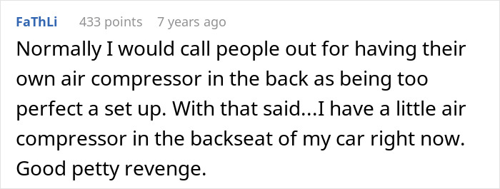 Comment about a lady in a brand new Lexus using an air pump and experiencing petty justice after skipping the line.