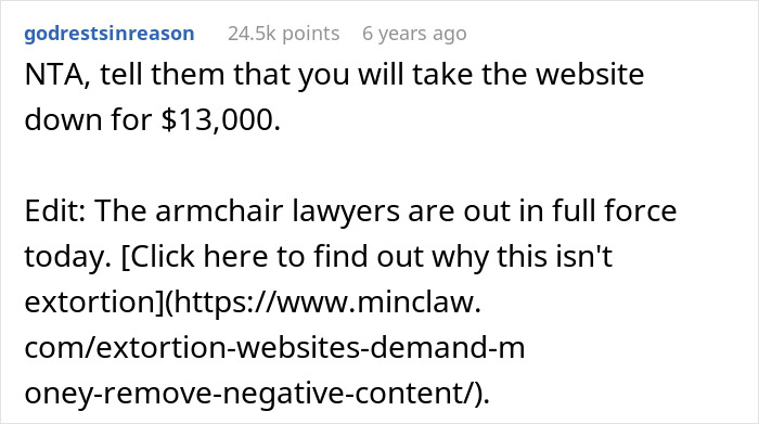 Screenshot of a Reddit comment discussing refusal to take down a website calling out a detective in a wrongful jail case. Screenshot of a Reddit comment discussing refusal to take down a website calling out a detective in a wrongful jail case.