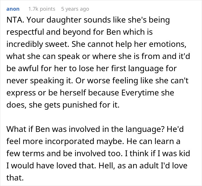 Comment discussing punishments for using native language son doesn't understand, highlighting mom's horror and language respect issues. Comment discussing punishments for using native language son doesn't understand, highlighting mom's horror and language respect issues.