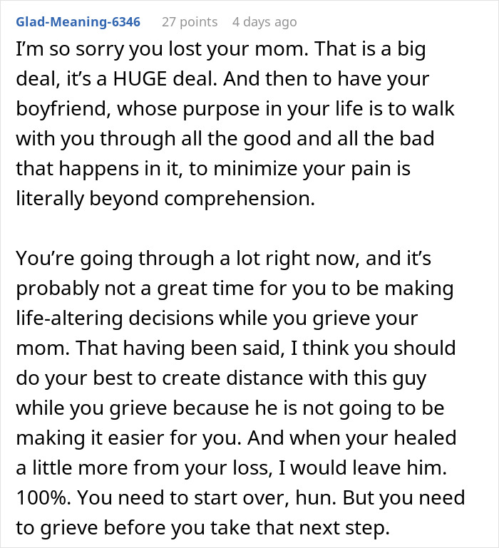 Comment expressing sympathy for woman facing double heartbreak as mother’s death reveals boyfriend’s true character.