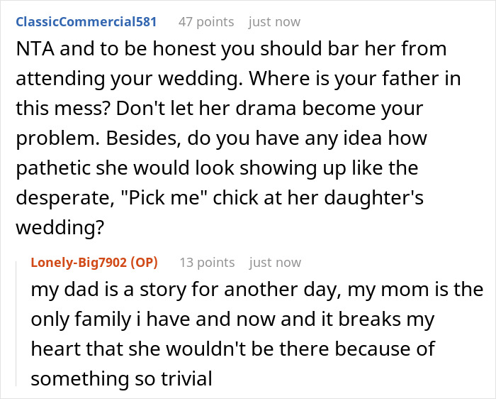 Reddit conversation about bride's mom threatening to skip wedding over wearing a white gown to the event. Reddit conversation about bride's mom threatening to skip wedding over wearing a white gown to the event.