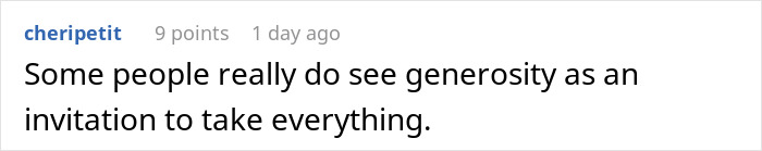 Text comment on a forum discussing a couple agreeing to host an old friend and regretting it after wild requests begin. Text comment on a forum discussing a couple agreeing to host an old friend and regretting it after wild requests begin.