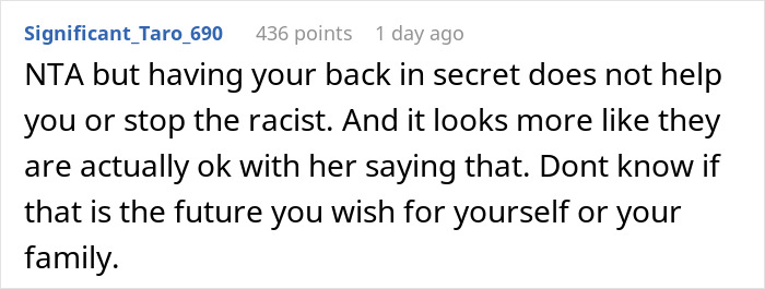 Comment discussing a racist mom insulting her daughter's girlfriend's Black parents, causing a woman to leave in tears. Comment discussing a racist mom insulting her daughter's girlfriend's Black parents, causing a woman to leave in tears.