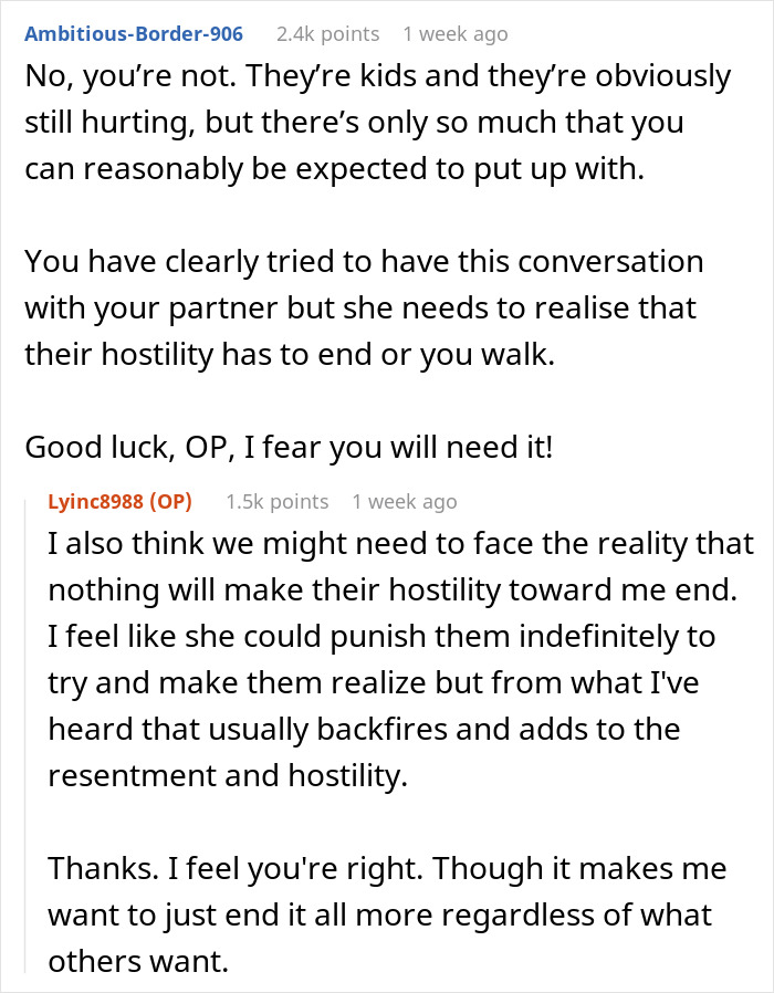 Reddit user discusses six years of trying to win over fiancee’s kids, facing hostility, and considering breaking up. Reddit user discusses six years of trying to win over fiancee’s kids, facing hostility, and considering breaking up.