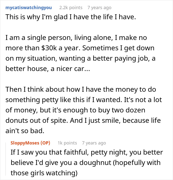 Reddit conversation about a lady stealing a couple's parking spot and the petty revenge served instead of donuts. Reddit conversation about a lady stealing a couple's parking spot and the petty revenge served instead of donuts.