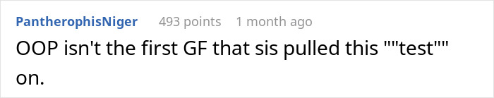 Text comment on social media post discussing a girlfriend confused and livid after boyfriend’s sister starts hitting on her as a test. Text comment on social media post discussing a girlfriend confused and livid after boyfriend’s sister starts hitting on her as a test.