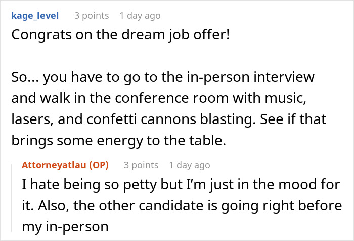 Screenshot of an online conversation about a woman receiving an email for a second interview and an unexpected video file. Screenshot of an online conversation about a woman receiving an email for a second interview and an unexpected video file.