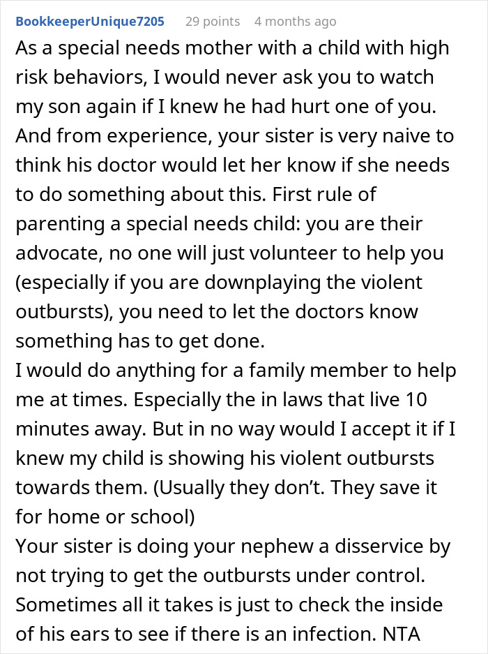 Comment about woman refusing to babysit autistic nephew after he injures daughter and spits on her, addressing special needs challenges. Comment about woman refusing to babysit autistic nephew after he injures daughter and spits on her, addressing special needs challenges.