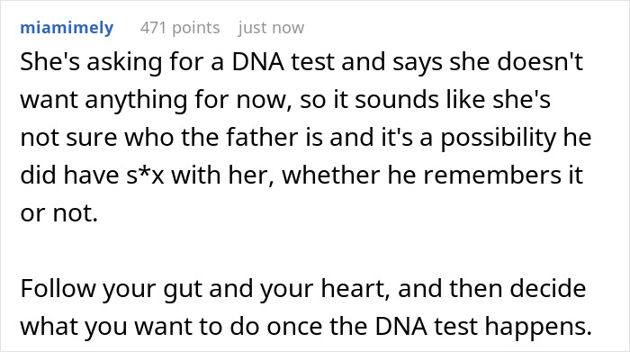 Comment discussing a DNA test request amid claims of pregnancy after husband’s boys’ weekend surprise visitor. Comment discussing a DNA test request amid claims of pregnancy after husband’s boys’ weekend surprise visitor.