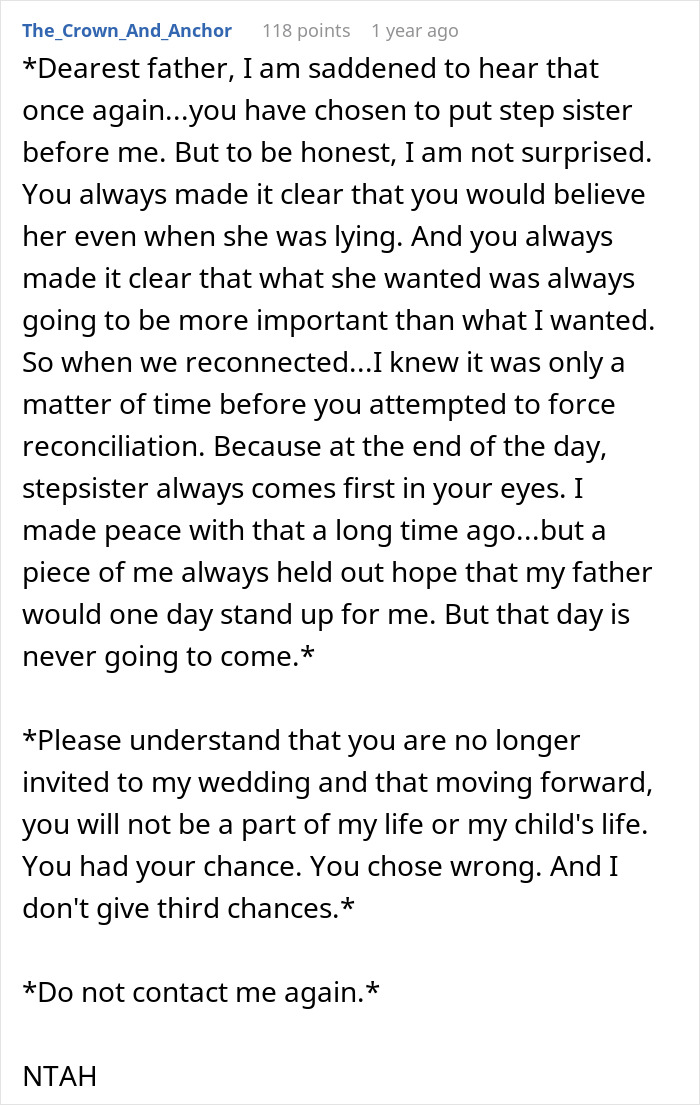 Text from a woman explaining her decision to cut ties with her entire family after ongoing conflict with her stepsister. Text from a woman explaining her decision to cut ties with her entire family after ongoing conflict with her stepsister.