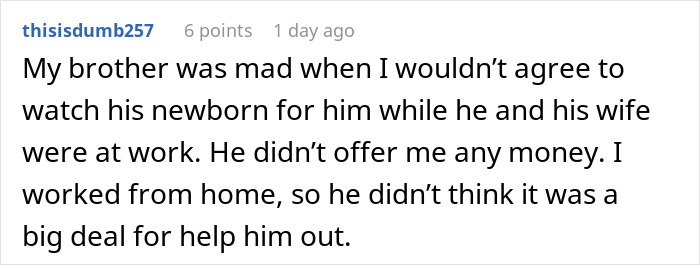 Text post describing a sibling refusing to babysit without pay, highlighting debate on babysitters’ living wage. Text post describing a sibling refusing to babysit without pay, highlighting debate on babysitters’ living wage.