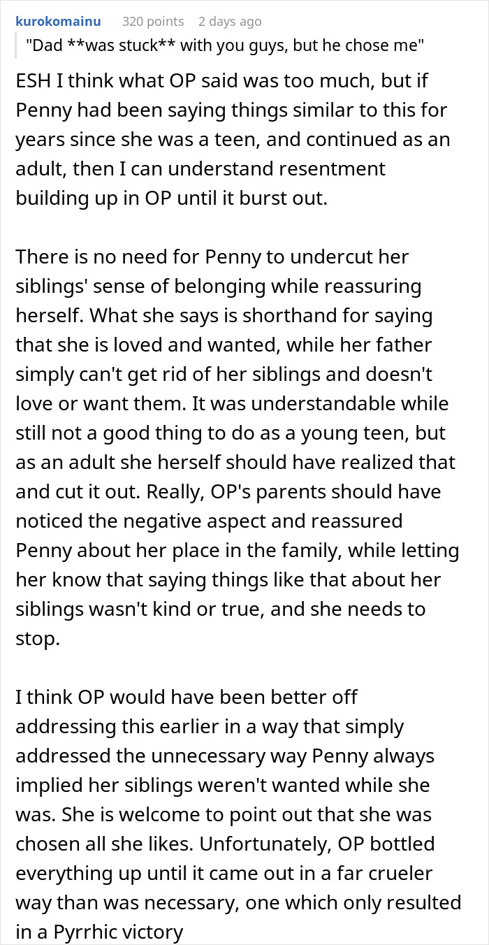 Reddit comment discussing adopted sis longstanding chosen one joke backfiring after bro says bio dad never chose her. Reddit comment discussing adopted sis longstanding chosen one joke backfiring after bro says bio dad never chose her.