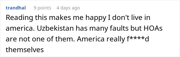 Screenshot of an online comment discussing frustrations with petty HOAs and community disputes in America.