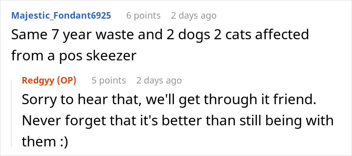 Screenshot of Reddit comments discussing a woman retaining her dog after breakup and sharing dog photos with her ex. Screenshot of Reddit comments discussing a woman retaining her dog after breakup and sharing dog photos with her ex.