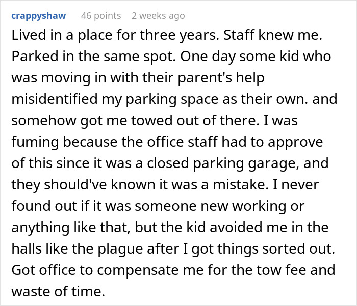 Comment describing a frustrating parking spot mix-up with a dodgy neighbor using anonymous notes to trick a woman.