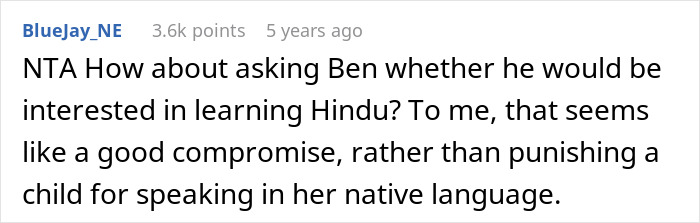 Screenshot of a Reddit comment discussing punishing a kid for using their native language the stepdad doesn’t understand. Screenshot of a Reddit comment discussing punishing a kid for using their native language the stepdad doesn’t understand.
