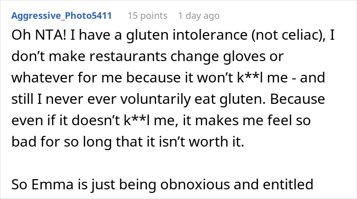 Forum post discussing worker calling out gluten-free colleague at a pizza party causing tension and conflict.