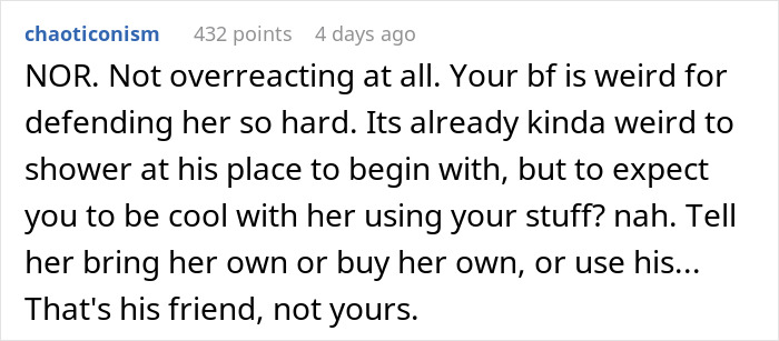 Comment discussing why it’s reasonable to refuse a female friend to use your shampoo at his place.