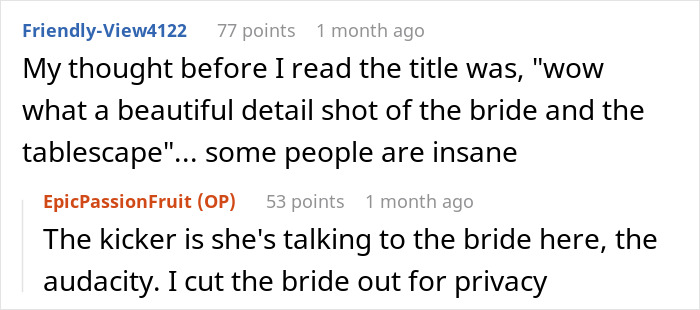 Screenshot of a Reddit conversation about groom's brother's girlfriend wearing a sage green dress to a wedding. Screenshot of a Reddit conversation about groom's brother's girlfriend wearing a sage green dress to a wedding.